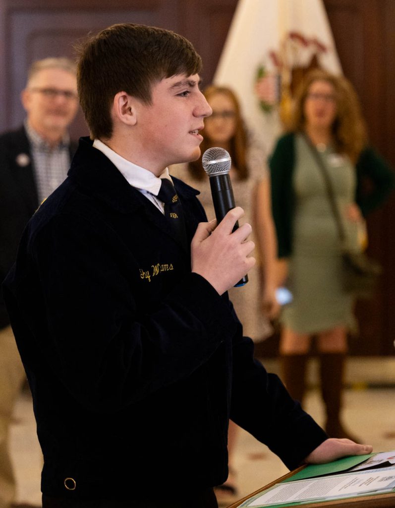 Soil Health Week essay contest winner Toby Williams (for Stark County Soil & Water Conservation District) reads his essay at the State Capitol in Springfield during Soil Health Week Lobby Day Wednesday March 6, 2024.