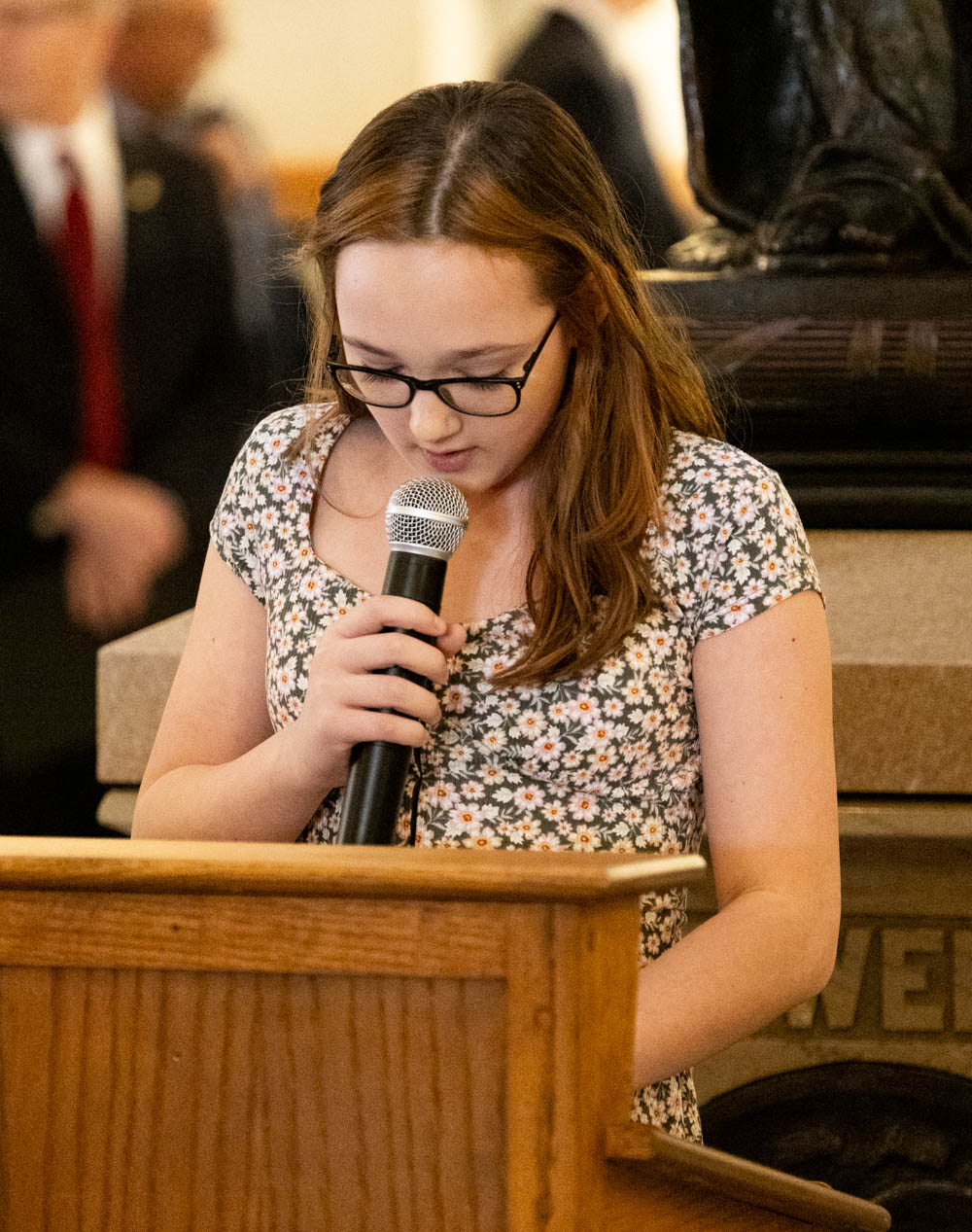 Soil Health Week essay contest winner Rylee Phillips (for Bond County Soil & Water Conservation District) reads her essay at the State Capitol in Springfield during Soil Health Week Lobby Day Wednesday March 6, 2024.