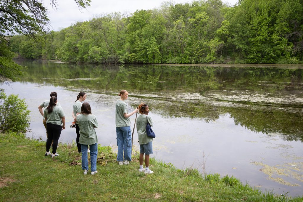 Students in lower left, as they view pond.